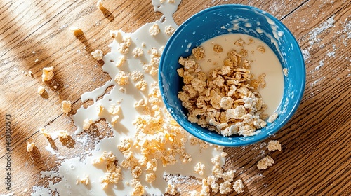 Spilled Cereal and Milk Mess on Wooden Floor