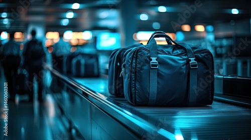 Luggage on airport conveyor belt, travelers in background