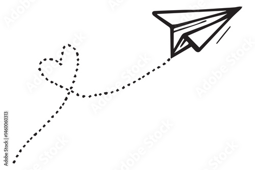 Hand-drawn paper plane with a dotted flight path forming a heart shape. Minimalist black and white sketch, perfect for romantic, travel, or communication themes in cards, posters, websites, and social