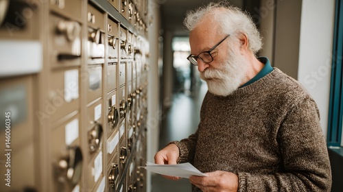 Senior man checks his mail in a wall of mailboxes wearing glasses and a brown sweater in a hallway