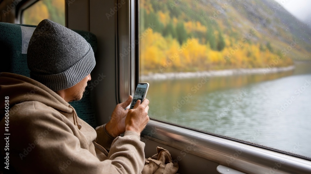 Young male traveler capturing scenic lake landscape through train window, documenting autumn journey while using smartphone during peaceful commute
