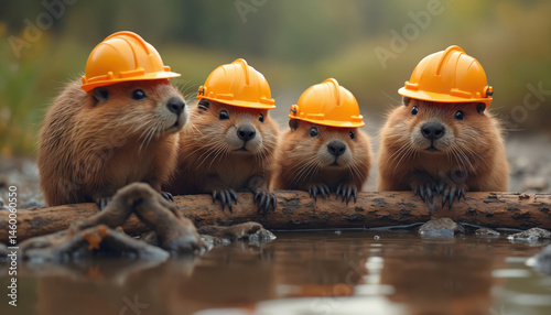 Team of beavers wearing tiny construction hats looking at camera. Orange safety helmets, rodents build sturdy dam, small water pond, forest. Cute animal workers, wildlife, nature, teamwork.