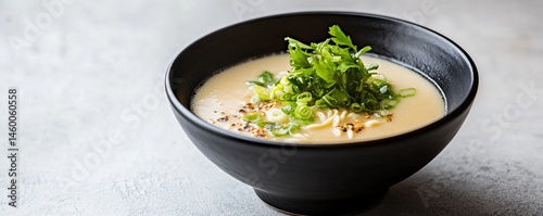 Creamy Ramen Bowl with Green Onions and Herbs, Food, Soup