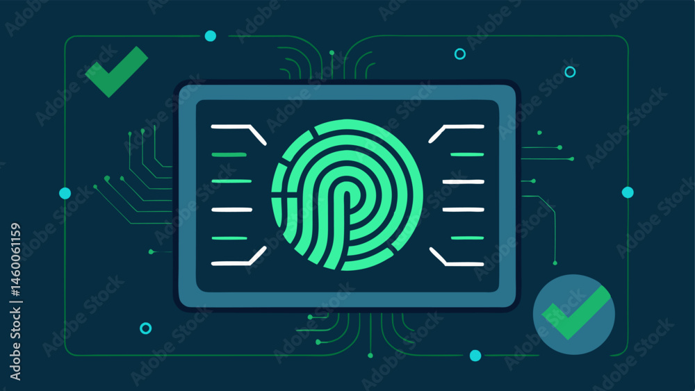 Fingerprint Digital Display A digital user interface showing a scanned fingerprint on a screen with green checkmarks indicating successful recognition and a futuristic background Fingerprint Digital Display A digital user interface showing a scanned fingerprint on a screen with green checkmarks indicating successful recognition and a futuristic background