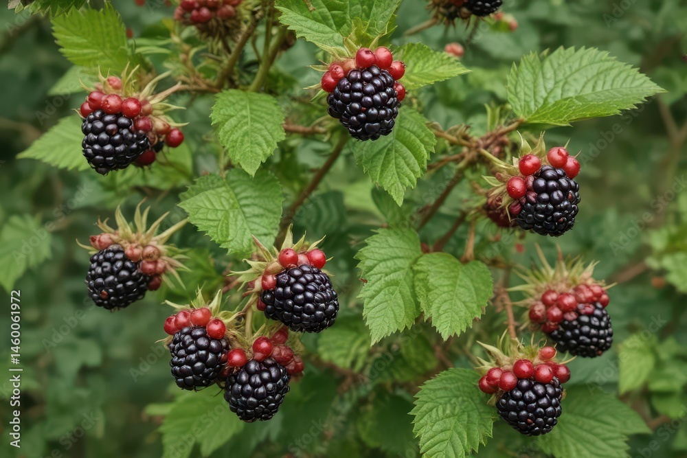 Blackberries ripening on a thorny bramble bush , ripe, outdoors Blackberries ripening on a thorny bramble bush , ripe, outdoors