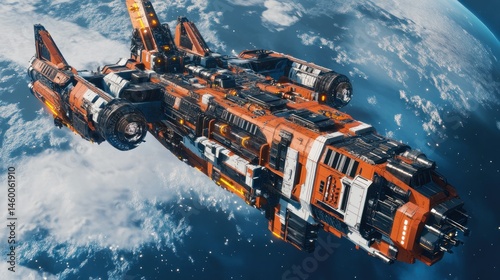 Fototapeta Naklejka Na Ścianę i Meble -  A giant spaceship orbiting Earth, with a large energy shield protecting its hull, background wallpaper AI generated image