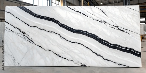 Captivating closeup reveals a striking slab of white marble featuring bold, black veining patterns