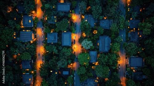 Night aerial view of residential neighborhood.  Houses and streets illuminated. Lush greenery between homes