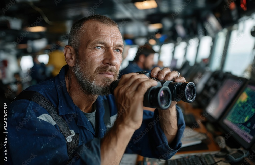 Male Captain in Blue Overalls Using Binoculars on Ship Bridge Male Captain in Blue Overalls Using Binoculars on Ship Bridge