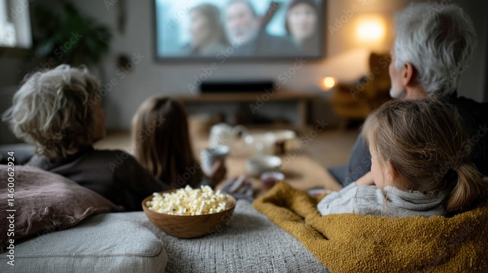 A family movie night in a dimly lit living room with everyone wrapped in blankets popcorn in hand and a large screen showing a favorite film faces lit up by the screen glow.