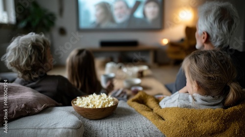 Obraz na płótnie A family movie night in a dimly lit living room with everyone wrapped in blankets popcorn in hand and a large screen showing a favorite film faces lit up by the screen glow. w salonie