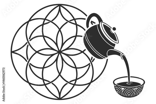 67 Minimalist teapot icon, black and white illustration, pouring tea into cup, simple geometric shapes, clean lines, negative space, stylized design, graphic silhouette, modern logo aesthetic, high co