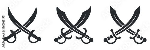 Three Variations of Crossed Sabers Icon Set Black and White Graphic Design