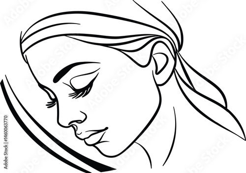 Elegant Woman Portrait In Minimalist Line Art Style Resting With Closed Eyes