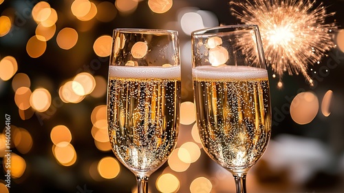 Two champagne flutes, filled with bubbly, celebratory drink,  festive golden bokeh lights, sparkling firework in the background
