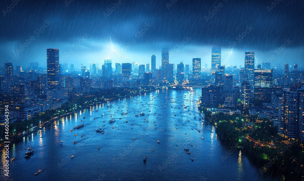 Obraz premium Night cityscape, rain, lightning, river, boats. Dramatic, dark blue tones