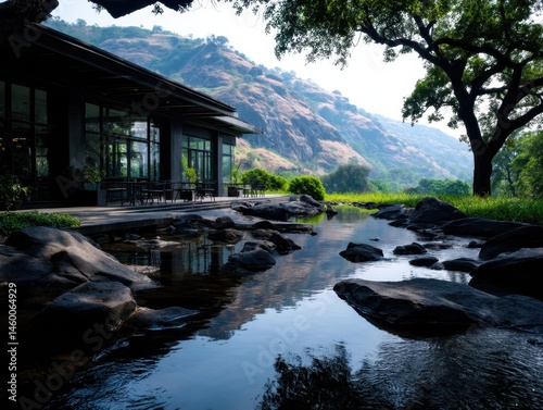 Modern dark-grey building with large windows overlooking stream, hillside, tree, and outdoor patio seating photo
