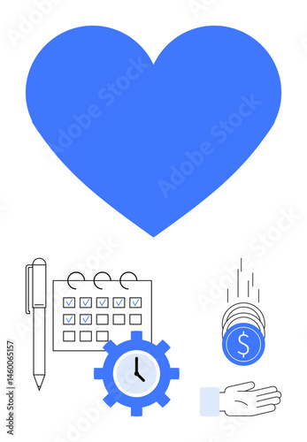 Blue heart above calendar with checkmarks, gear with clock, pen, hand catching coins. Ideal for productivity, financial goals, time management, personal growth, organization teamwork simple landing