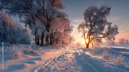 Sunrise paints frosty winter landscape