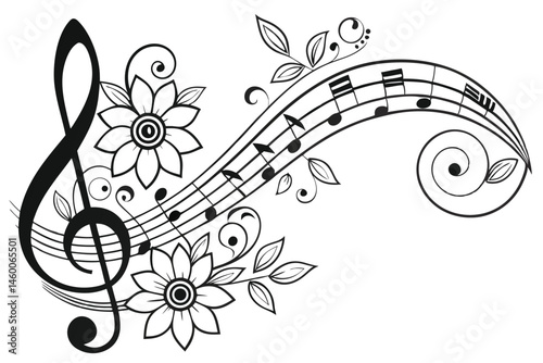 69 Musical composition, treble clef, ornate design, swirling notes, black and white illustration, floral motif, elegant curves, musical staff, intricate patterns, decorative musical symbol, flowing li