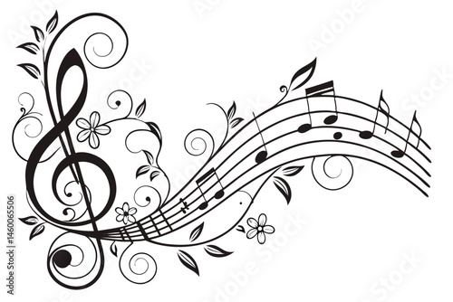 69 Musical composition, treble clef, ornate design, swirling notes, black and white illustration, floral motif, elegant curves, musical staff, intricate patterns, decorative musical symbol, flowing li