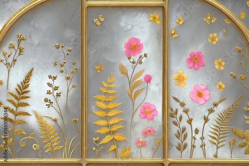 Framed golden foliage and pink flowers delicately adorn a serene background with marble texture