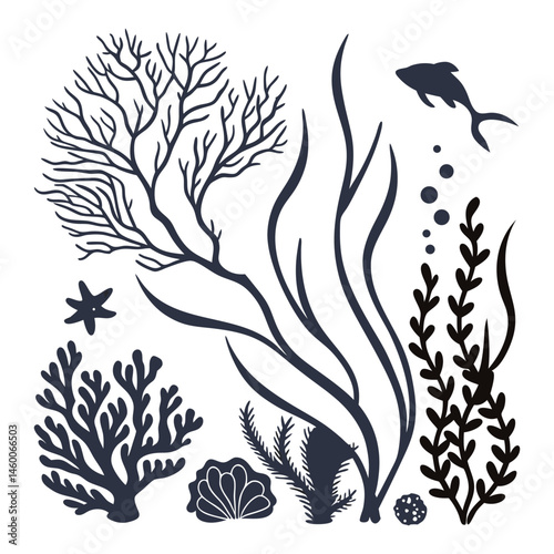 underwater seaweed and coral silhouette vector set with marine plants, fish