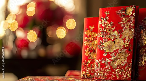 Red envelopes, traditionally used for giving money during Chinese New Year.  Ornate designs featuring gold flowers, signifying good fortune