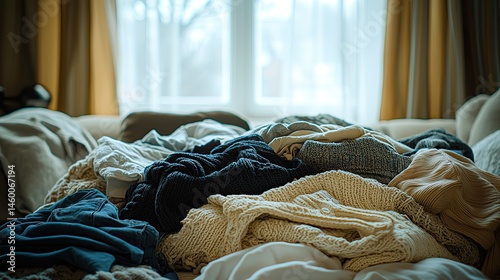 A large pile of clothes, unorganized and messy, on a couch