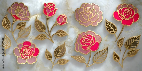 Golden outline floral patterns featuring pink roses on a marble backdrop beautifully complement the background