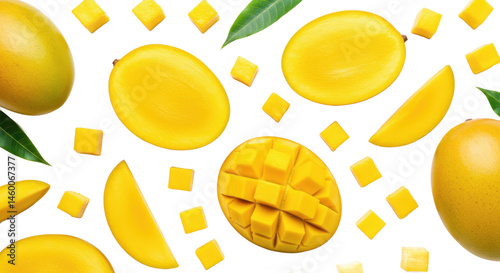 An overhead shot showcasing a vibrant assortment of mangoes and mango slices scattered across a table top