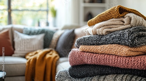 Cozy stack of warm sweaters in living room