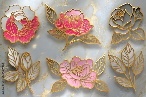 Golden outlines define white and pink abstract flowers upon a marble background with golden glitters