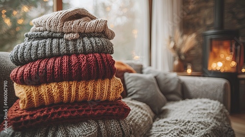 Cozy Stack of Warm Sweaters by Fireplace