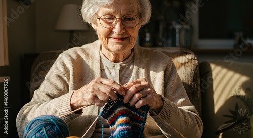An elderly woman with glasses is knitting a colorful piece of fabric in a cozy, sunlit room, creating a warm scene.