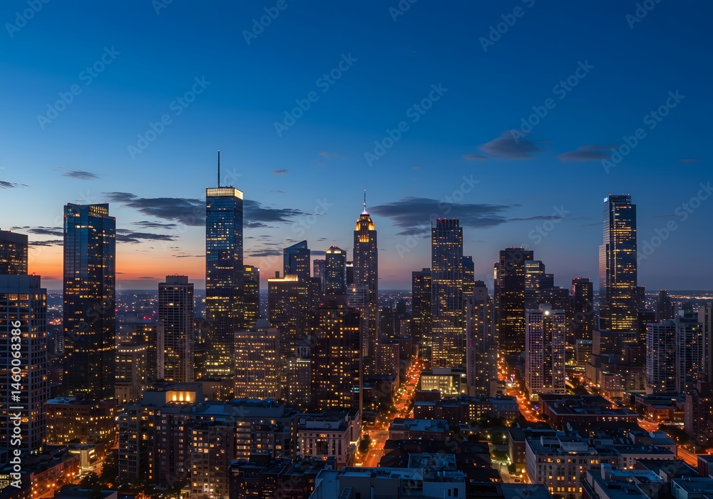 Fototapeta premium Horizontal city skyline at dusk featuring modern towers with lights 