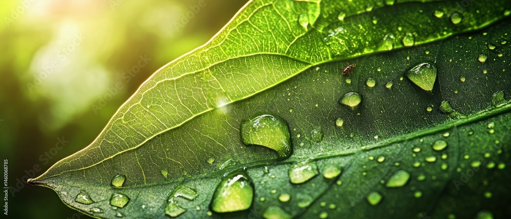 Fototapeta premium An ultra-detailed close-up of a massive Amazonian leaf in Brazil, covered in glistening droplets of morning dew