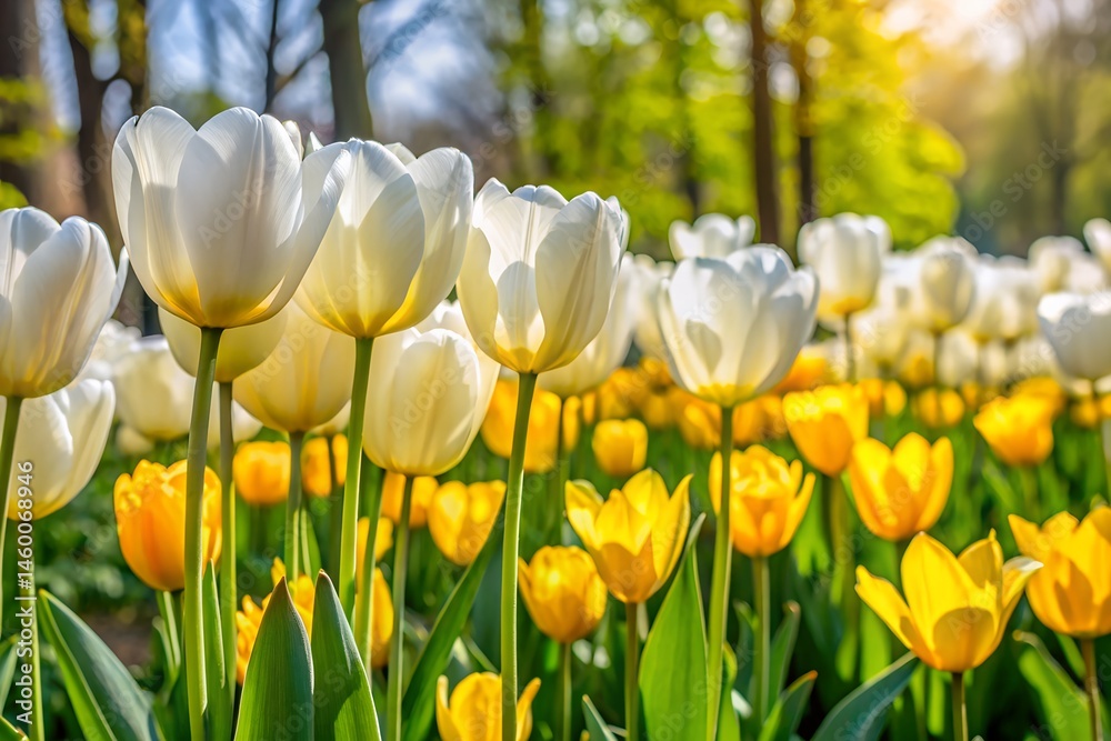 Obraz premium White and Yellow Tulips in Spring Garden