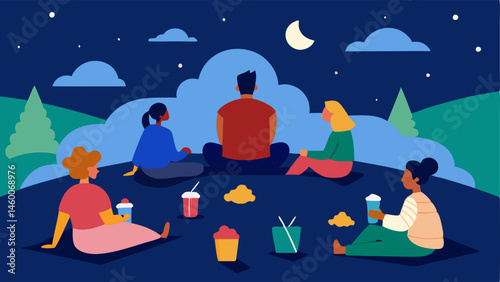 Outdoor Movie Night A community outdoor movie screening with families and friends relaxing on blankets with snacks enjoying a film together under the stars emphasizing collective