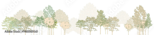 Architectural Drawings, Minimal style cad tree line drawing, Side view, set of section wetland forest outline for landscape design drawing. Vector illustration in seperate element