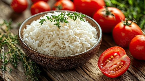 Fluffy white rice in a bowl, surrounded by fresh tomatoes and herbs
