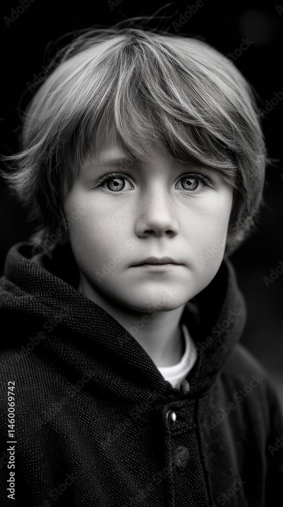 Monochrome Portrait of a Young Boy with Fair Hair and Serious Expression Wearing a Hoodie Looking Intently at the Camera Capturing Childhood Innocence Monochrome Portrait of a Young Boy with Fair Hair and Serious Expression Wearing a Hoodie Looking Intently at the Camera Capturing Childhood Innocence