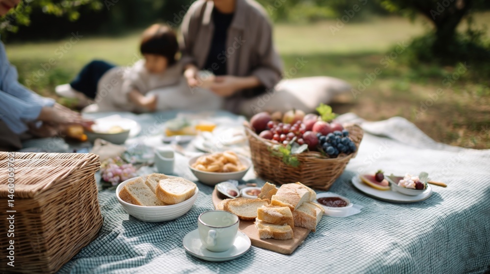An outdoor backyard picnic set up with a checkered blanket and a spread of homemade sandwiches and fruit where family members are enjoying the sun and playing games.