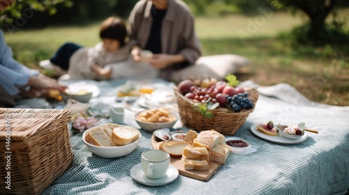 Obraz na płótnie An outdoor backyard picnic set up with a checkered blanket and a spread of homemade sandwiches and fruit where family members are enjoying the sun and playing games. w salonie