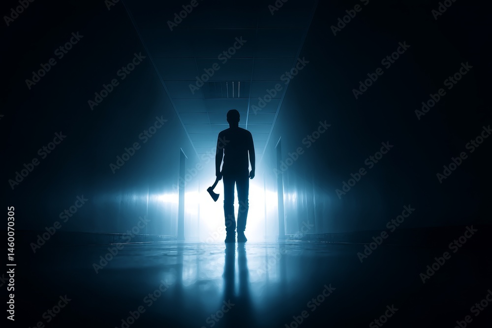 Silhouette Of Man With Axe In Dark Hallway - A lone figure, shrouded in shadow, walks down a dark corridor, axe in hand. Mystery, suspense, danger, isolation, and dread are palpable Silhouette Of Man With Axe In Dark Hallway - A lone figure, shrouded in shadow, walks down a dark corridor, axe in hand. Mystery, suspense, danger, isolation, and dread are palpable
