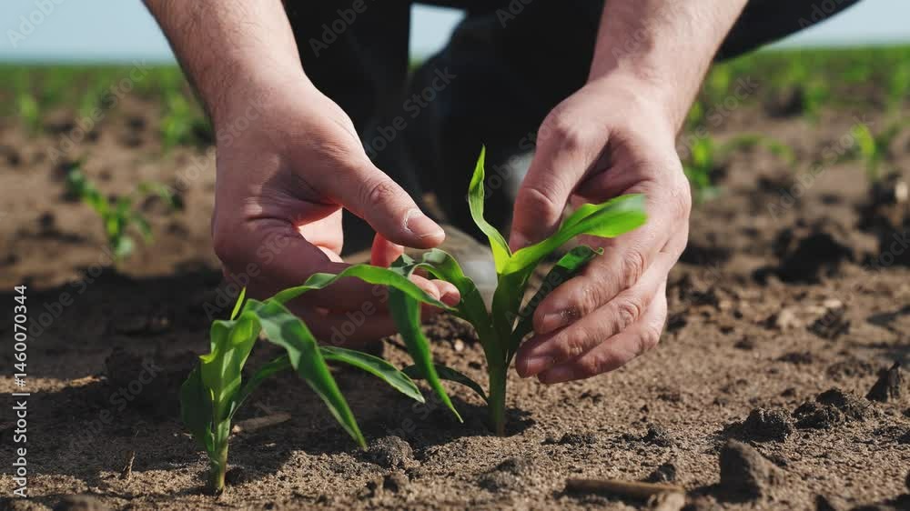 Hands touching sprout of corn sapling. Palms fingers man checking health condition of fresh green plant touch leaves take care of crops sowings seedlings, engage in agriculture on farm, manual labor.