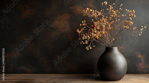 Still life of vase with dried flowers on dark brown background for rustic autumn minimal composition