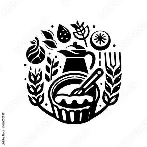 Kitchen Illustration: Minimalist Food & Beverage Icon, Circle Arrangement, Black & White.