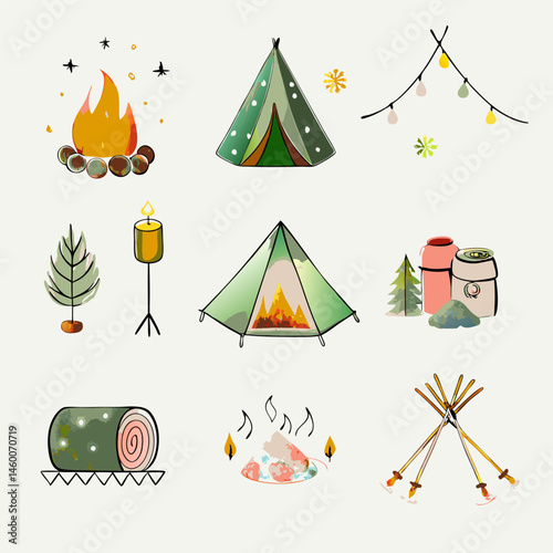 Set of different camping watercolor icons. Flat images on white background. Vector illustration.