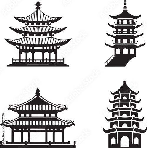 Chinese pagodas silhouette set vector illustration isolated On Transparent Background